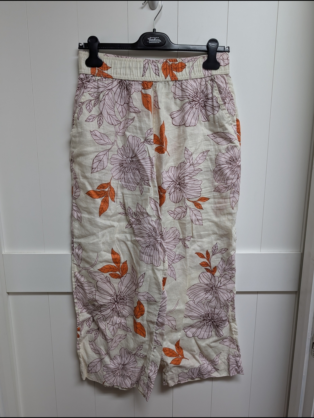 RACHEL Rachel Roy Cream Linen Pants with Pink & Orange Floral Print, Medium